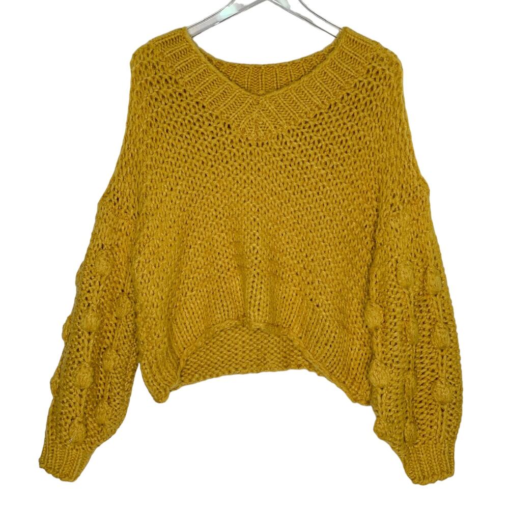 Scrap Work S Womens Pom Pom Chunk Knit Sweater Mustard Boho Marigold Fall